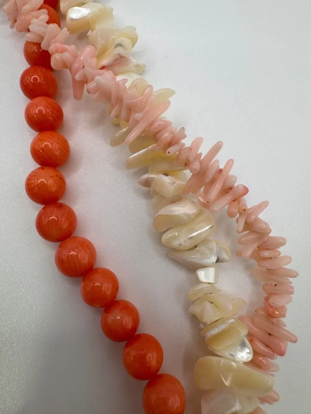 Vintage Coral Bead Multi Strand Necklace 925 Sterling MOP Shell Pendant Chunky - Picture 6 of 14